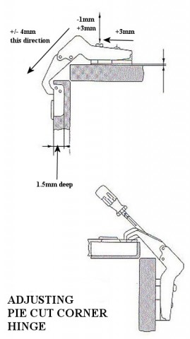 (500.0U22.05) Pie Corner Click On 105 Degree Euro Hinge with Dowels  ** CALL STORE FOR AVAILABILITY AND TO PLACE ORDER **